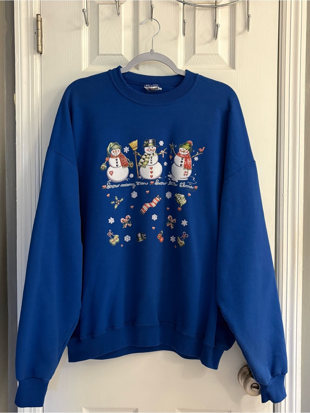 Vintage 90s Jerzees Snowman Christmas Crewneck Sweatshirt Blue Large XL Holiday.